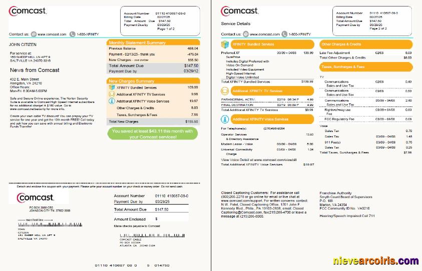 USA Comcast utility bill, 2 pages